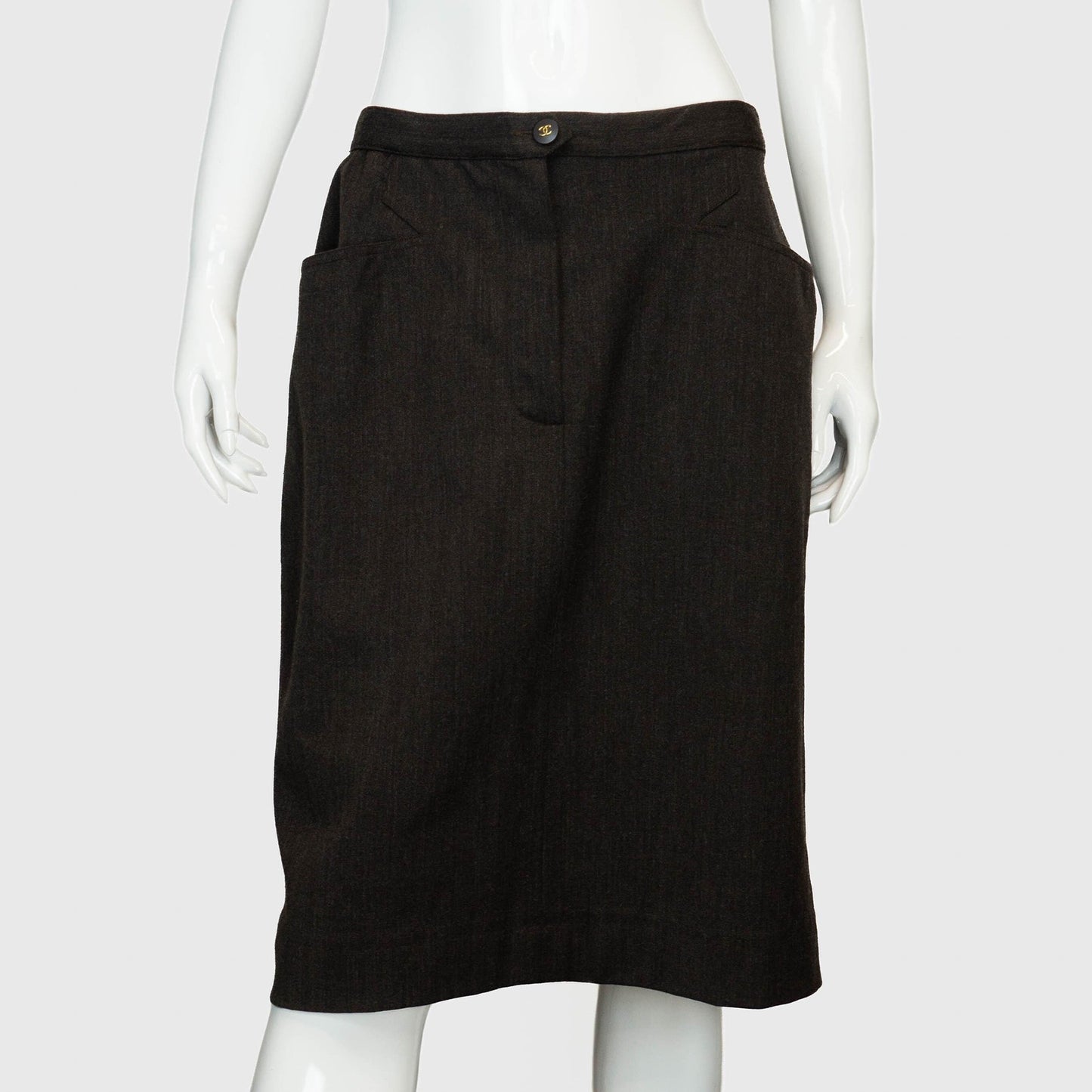 CHANEL Logo Gray Wool Pencil Skirt Vintage 90s 00s