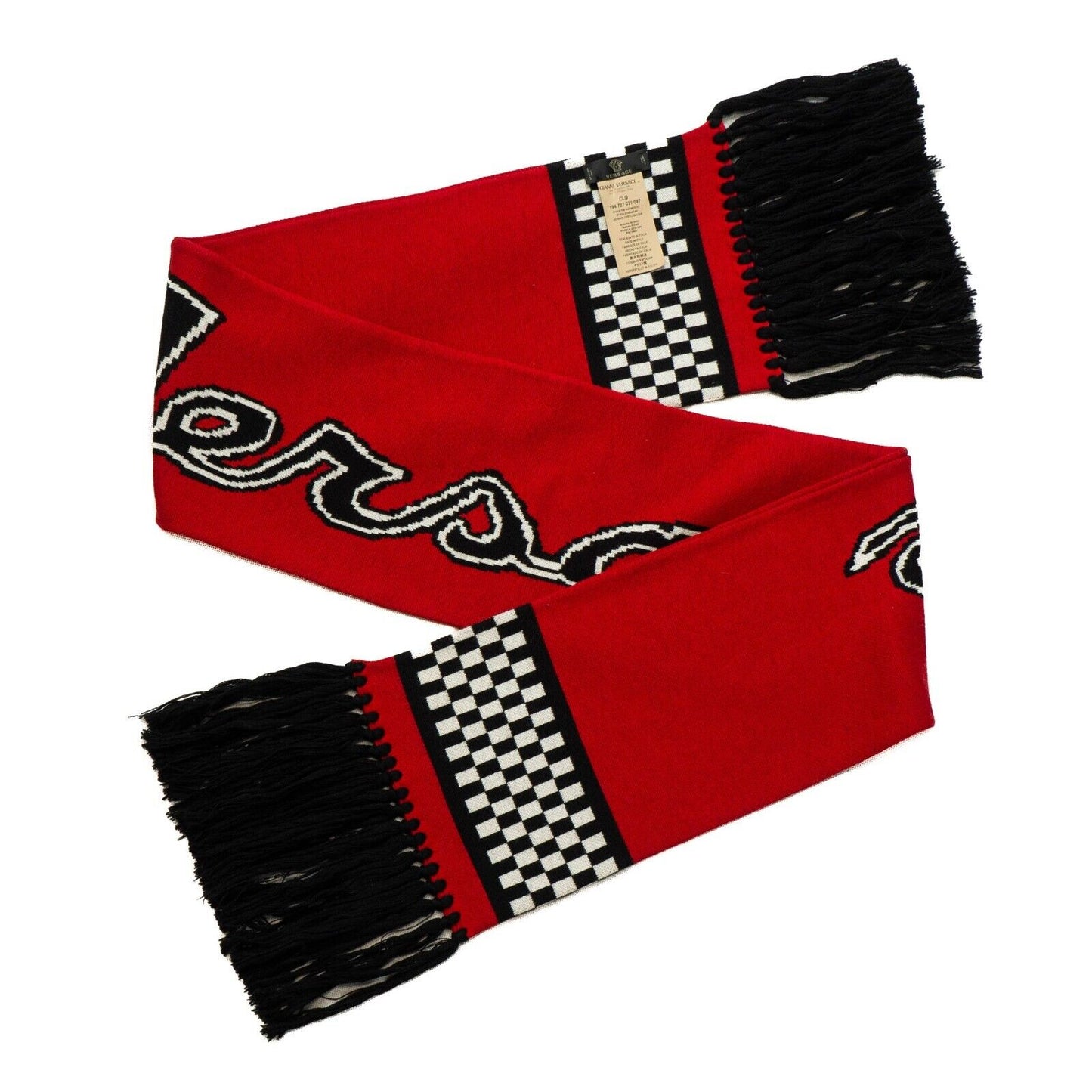 VERSACE Multicolor Logo Embroidered Wool Knit Fringed Scarf