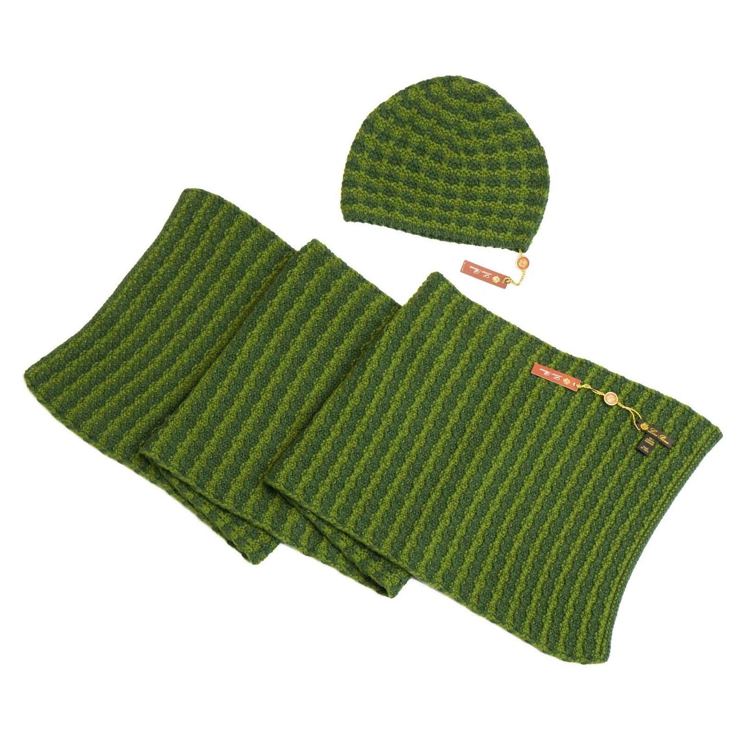 LORO PIANA Beige Green Striped Cashmere Hat  Scarf Set