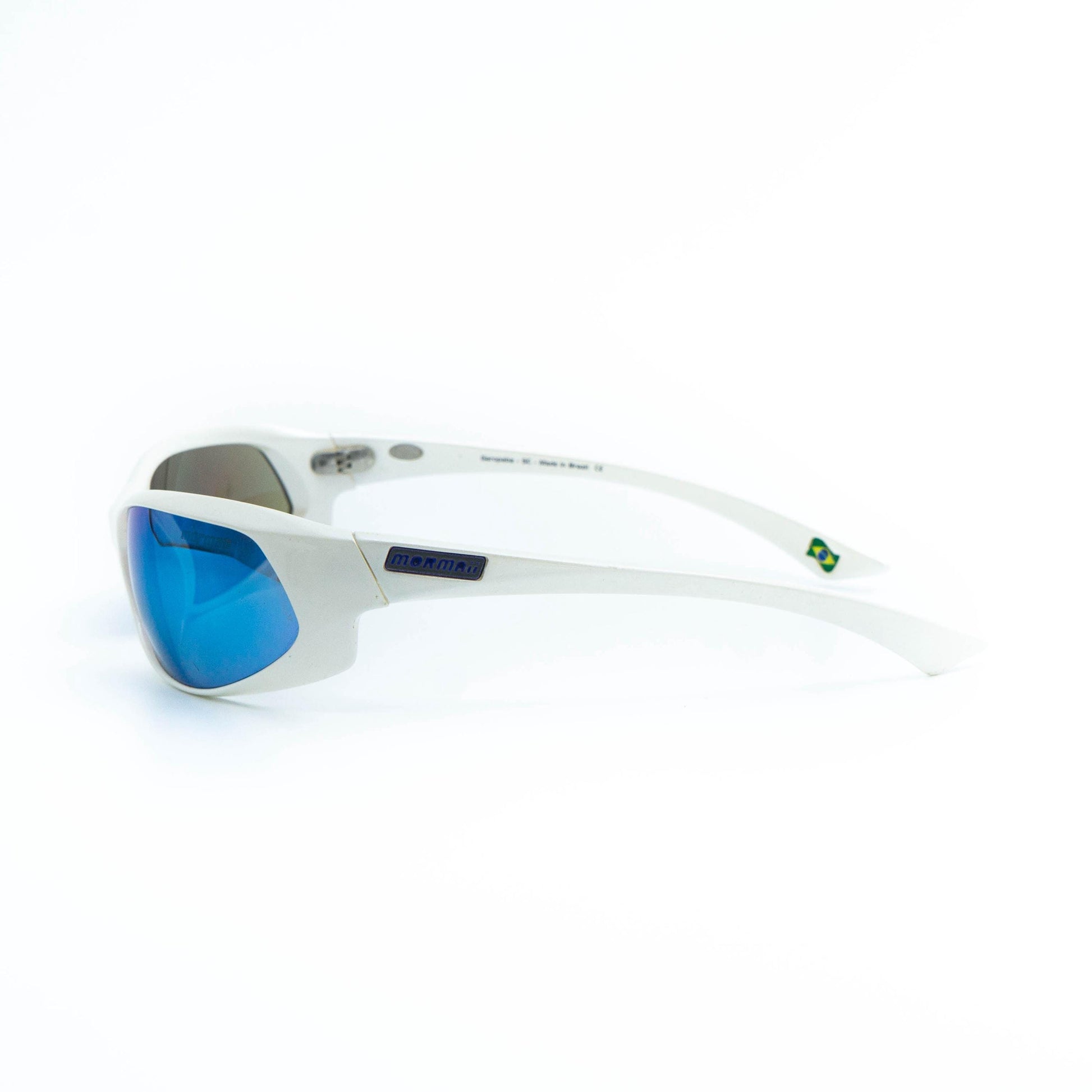 Side view of Mormaii white sport sunglasses with blue reflective lenses