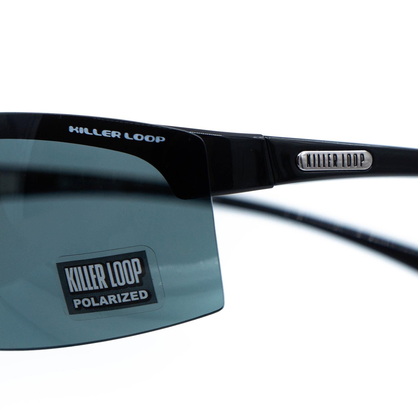 Close-up of Killer Loop logo on temple