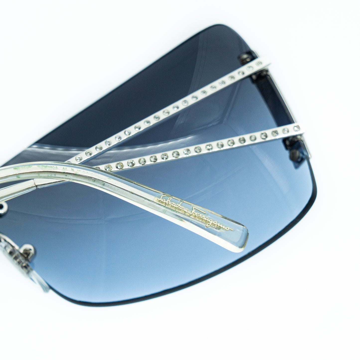 Salvatore Ferragamo 1103-B Blue Shield Rimless Sunglasses Vintage