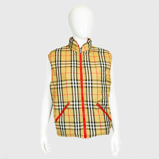 BURBERRY Check Puffer Vest Reversible Red Yellow Vintage 90s