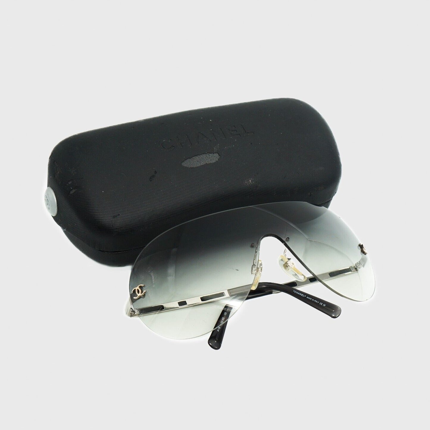 CHANEL 4118 CC Shield Rimless Black Silver Sunglasses Vintage 00s